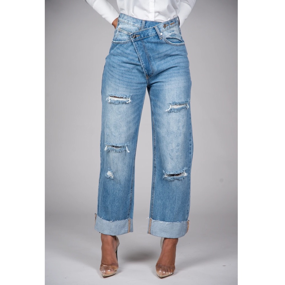 Asymmetrical Waist Denim Jeans - Brand New